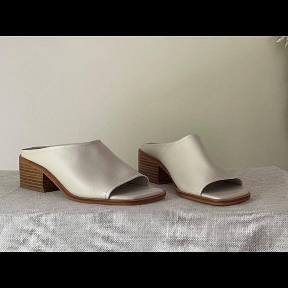 Intentionally Blank off white open toe slide with stacked wooden heel - Picture 5 of 6
